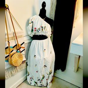 FARM Rio One-Shoulder White Maxi Dress with Colorful Embroidery